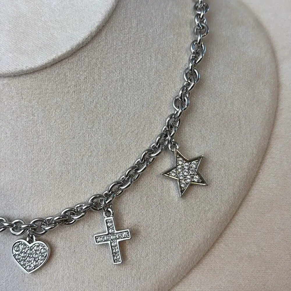 Nina Ricci Rhodium Plated Crystal Charm Necklace Heart Cross Star Horseshoe - Picture 2 of 4